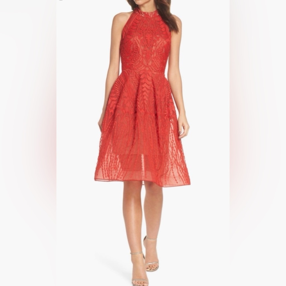 Bronx and Banco Red Lace Midi Dress